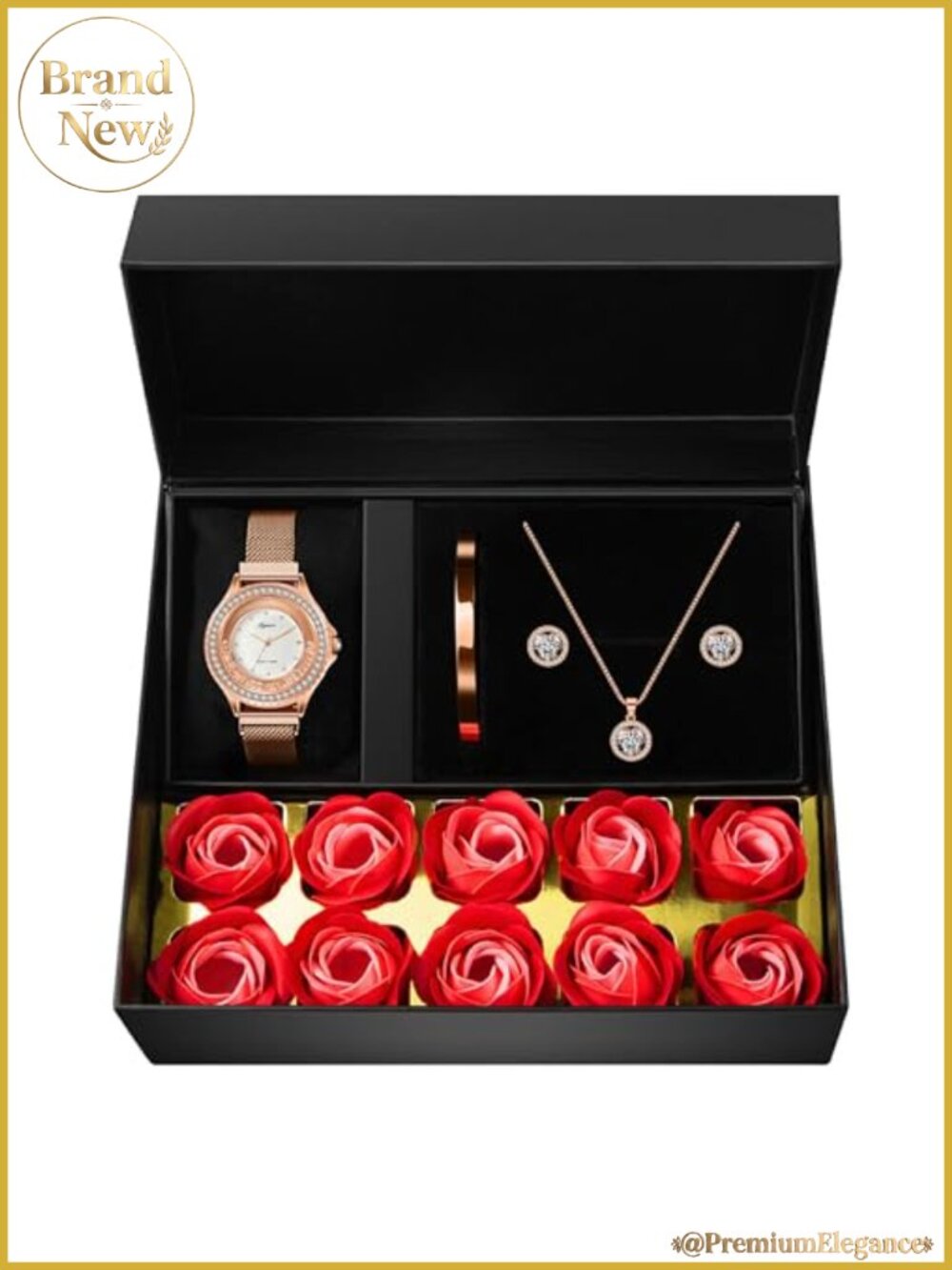 4 Piece Rose Gold Jewelry Set Watch Necklace Earrings Bracelet Gift for Women